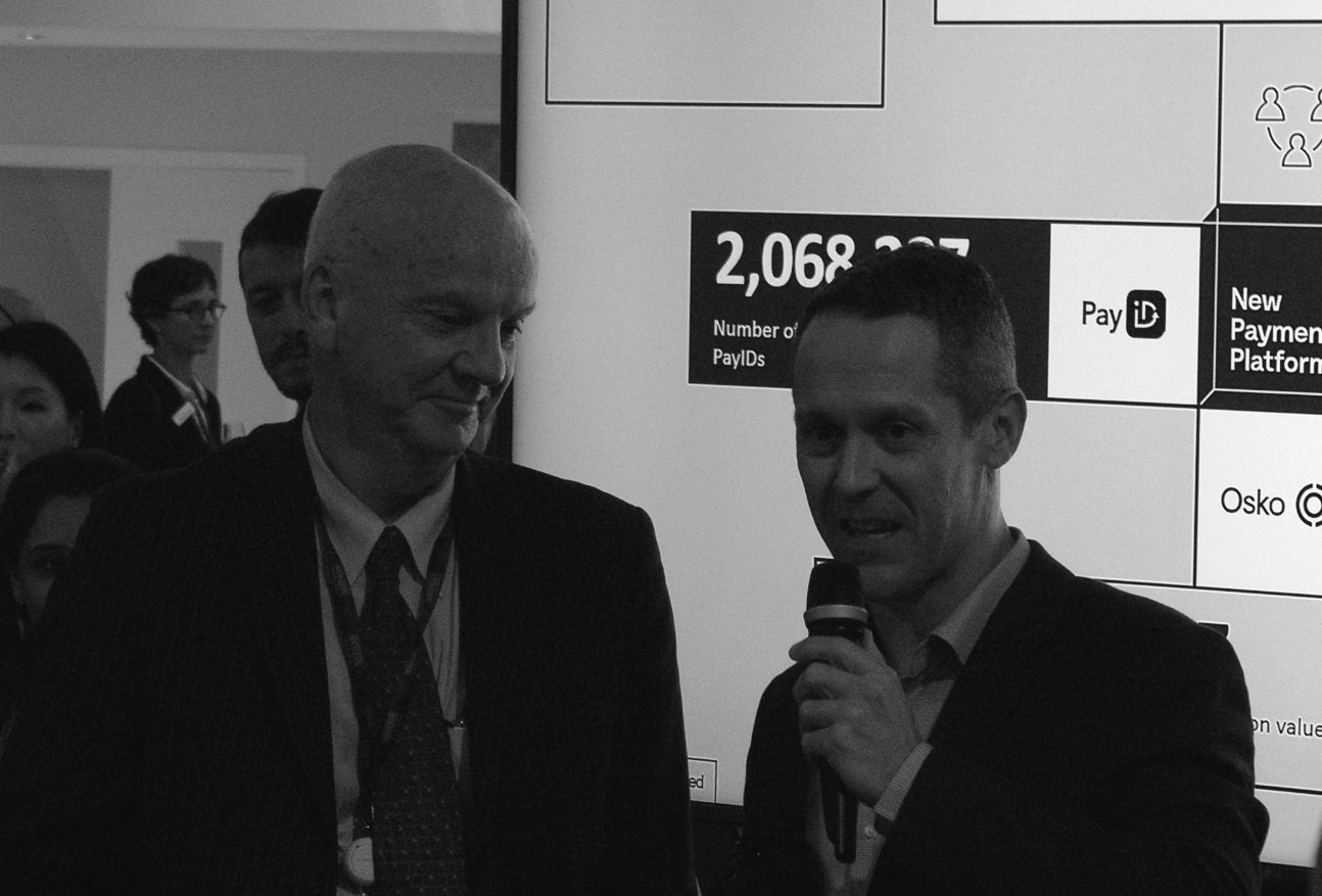 Paul Lahiff (L), outgoing chairman of NPPA with his CEO Adrian Lovney, at Sibos 2018.